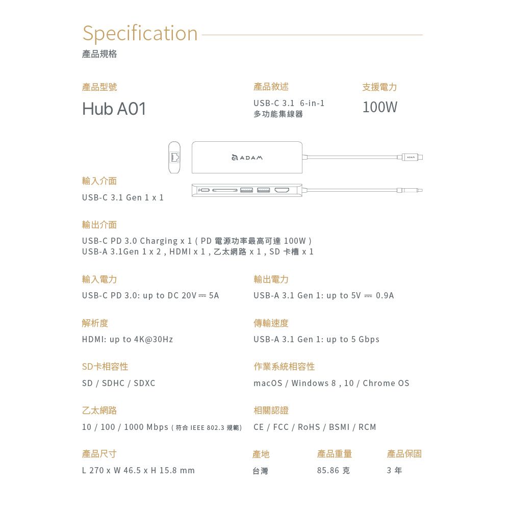 Specification產品規格產品型號產品敘述Hub A01USB-C 3.1 6-in-1支援電力100W多功能集線器輸入介面USB-C 3.1 Gen 1  1輸出介面USB-C PD3.0 Charging (PD電源功率最高可達100W)USB-A 3.1Gen 12 HDMI x1,乙太網路x1, SD卡槽 x 1輸入電力USB-C PD 3.0: up to DC 20V  5A解析度HDMI: up to 4K@30HzSD卡相容性SD  SDHC / SDXC乙太網路輸出電力USB-A 3.1 Gen 1: up to 5V = 0.9A傳輸速度USB-A 3.1 Gen 1: up to 5 Gbps作業系統相容性macOS / Windows 8,10/ Chrome OS相關認證10/100/1000 Mbps ( 符合 IEEE 802.3 規範)CE / FCC / RoHS / BSMI / RCM產品尺寸產地產品重量產品保固L 270 x W 46.5 x H 15.8 mm台灣85.86克3年