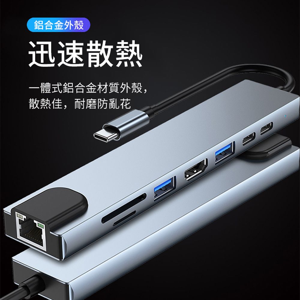 ANTIAN Type-C 八合一多功能HUB轉接器 PD快充 充電傳輸集線器 USB3.0 WAN HDMI Mac擴展塢 筆電轉接線