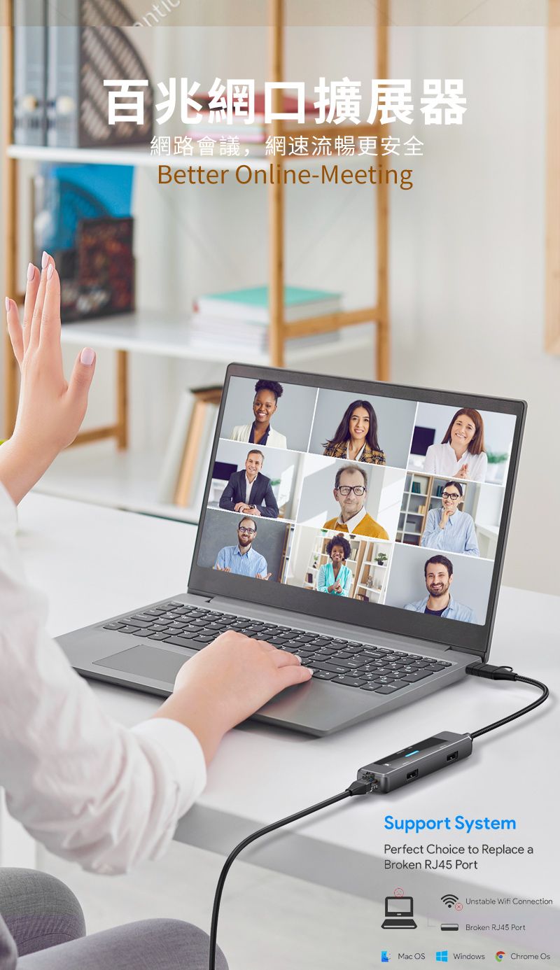 百兆網口擴展器網路會議,網速流暢更安全Better Online-MeetingSupport SystemPerfect Choice to Replace aBroken RJ45 PortUnstable Wifi ConnectionBroken RJ45 PortMac OSWindowsChrome Os