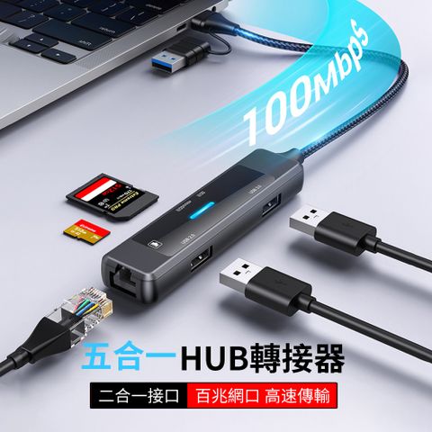 HADER 五合一 Type-C/USB 雙接口多功能HUB轉接器 USB RJ45百兆網絡轉接線 Mac轉接頭