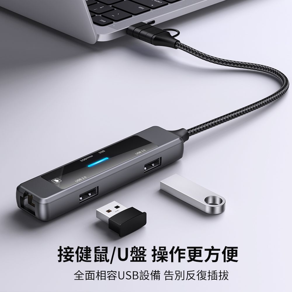 HADER 五合一 Type-C/USB 雙接口多功能HUB轉接器 USB RJ45百兆網絡轉接線 Mac轉接頭