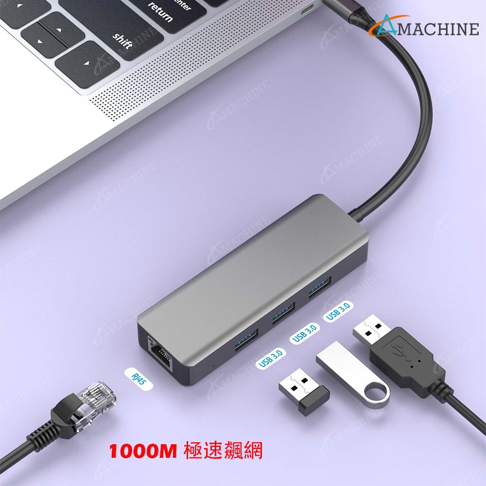 Amachine TYPE C 轉RJ45+USB3.0 4合1 HUB筆電辦公首選! 有線網路順暢不卡鈍!資料傳輸最快速