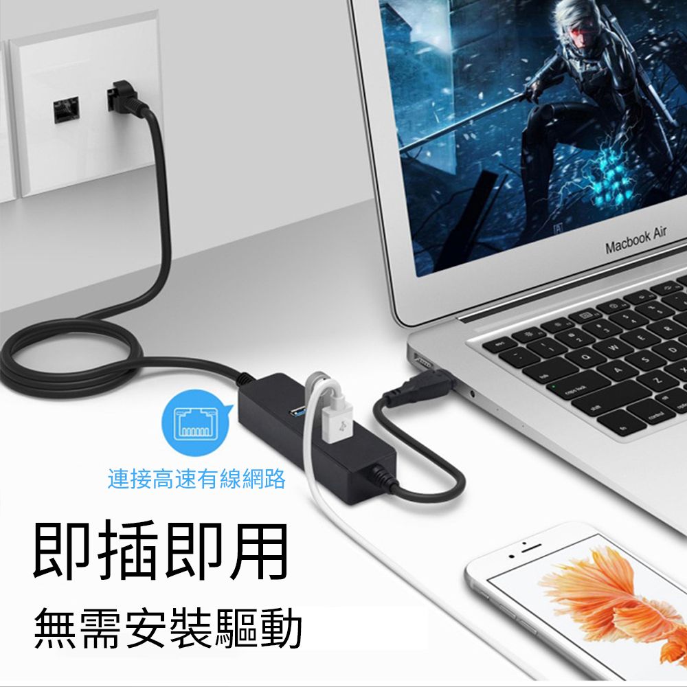  BASEE 四合一千兆網卡轉接器 外接式Type-C千兆網卡轉換器 USB高速網路卡 RJ45網口擴展器/UB集線器