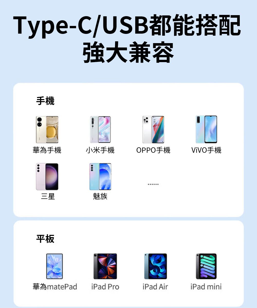 Type-C/USB都能搭配強大兼容手機華為手機小米手機OPPO手機ViVO手機三星魅族平板華為matePadiPad ProiPad AiriPad mini