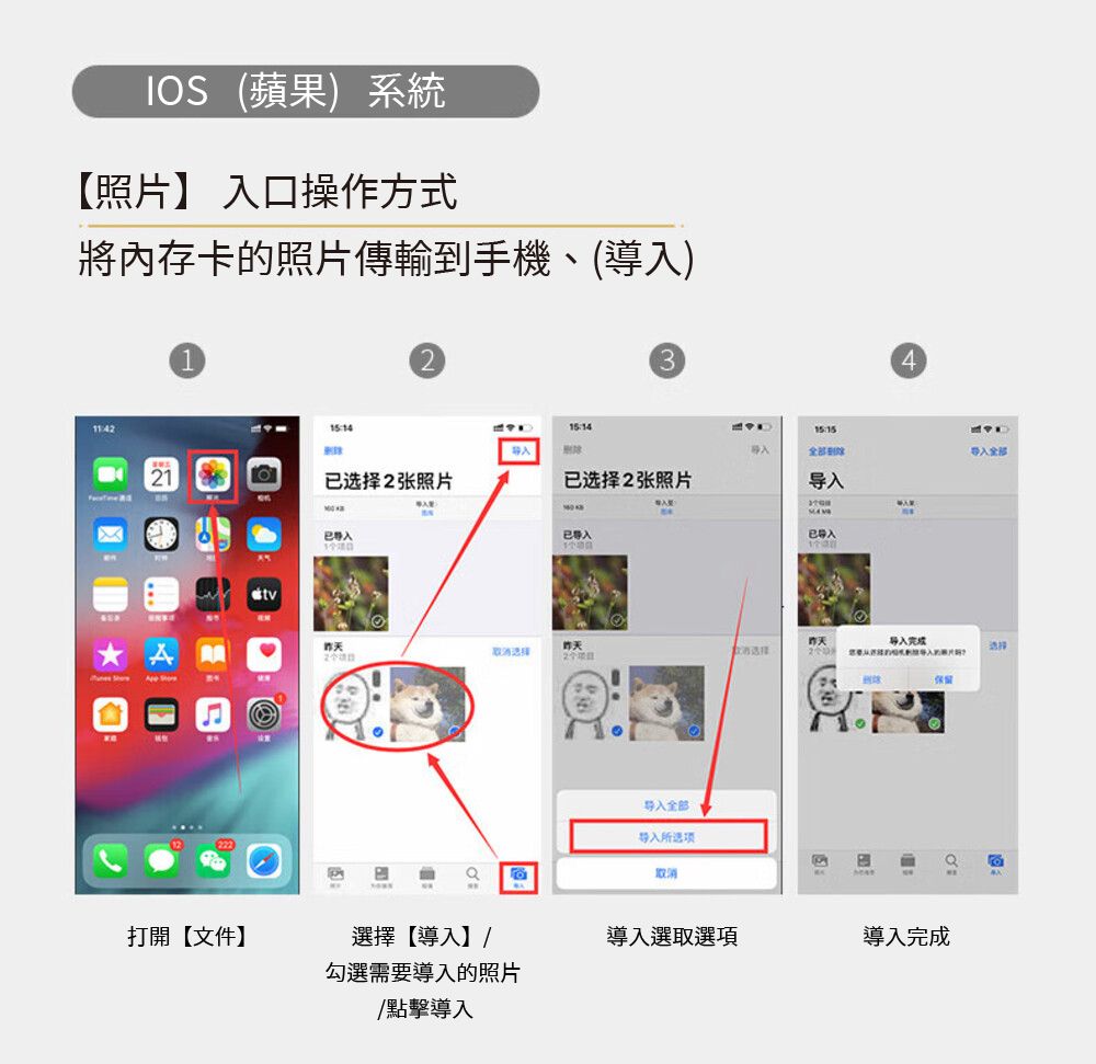 IOS(蘋果)系統照片】 操作方式將內存卡的照片傳輸到手機、導)411:415:14刪除2张照片2张照片导入已入口已入已 tv全部昨天导入完成2选择选择导入全部导入打開【文件】選擇【導入】/導入選取選項導入完成勾選需要導入的照片/點擊導入