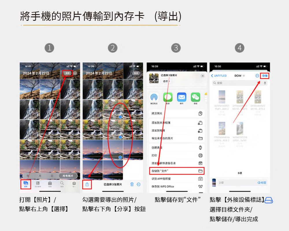將手的傳輸内存卡 (導出)216:4120年2月222024年2月22日拷贝16:64已UNTITLED24添加機导出的原片创建打印添加 备忘录到文件”5所有照片识货 APP日已选择3张照片 保存到  Office打開【照片】/勾選需要導出的照片/點擊儲存到“文件”點擊【外接設備標誌】點擊右上角【選擇】點擊右下角【分享】按鈕選擇目標文件夾/點擊儲存/導出完成