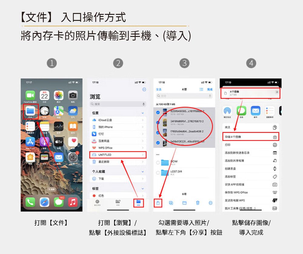 【文件】 入口操作方式將內存卡照片傳輸手機、導入22123全选完成4浏览位置 2 的2adb408 21717存储4个tv百度网打印 fficeUNTITLED 个人收添加创建表盘LOST.DIR添加 标签 退货APPO保存 WPS Office发送到 WPSe片工具图)打開【文件】打開【瀏覽】/勾選需要導入照片/點擊儲存圖像/點擊【外接設備標誌】點擊左下角【分享】按鈕導入完成