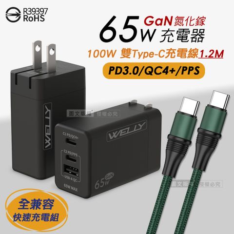 65W氮化鎵GaN 輕巧快充頭 三孔輸出(黑色)+100W 雙Type-C 傳輸充電線組合