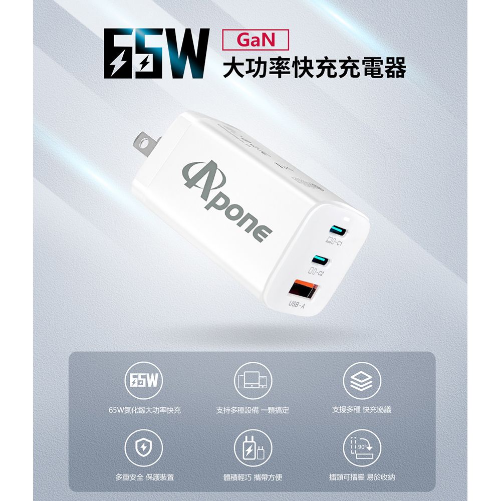 Apone GaN 氮化鎵 PD+QC 3孔 65W 快充充電器 (APP-C2C1A)