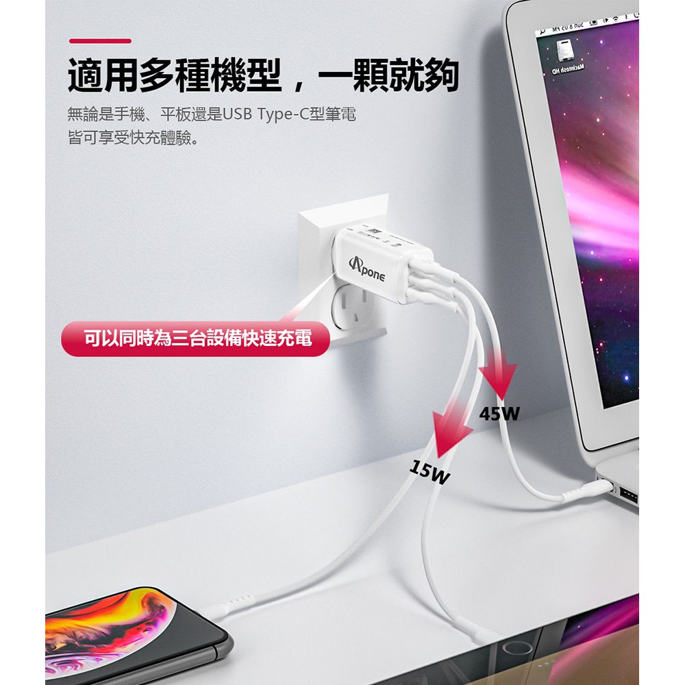 Apone GaN 氮化鎵 PD+QC 3孔 65W 快充充電器 (APP-C2C1A)