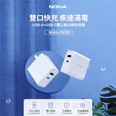 智能輸出 65W穩定快充NOKIA 諾基亞 GaN 氮化鎵 PD+QC 65W 快充頭 P6309