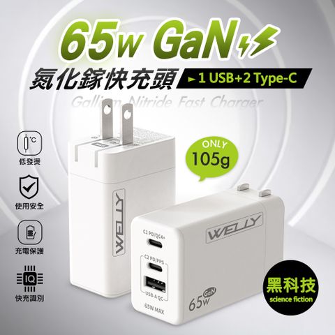 WELLY 65W氮化鎵GaN快充 PD+QC+PPS全兼容 USB-C/A三孔輸出 極速充電器(白色)