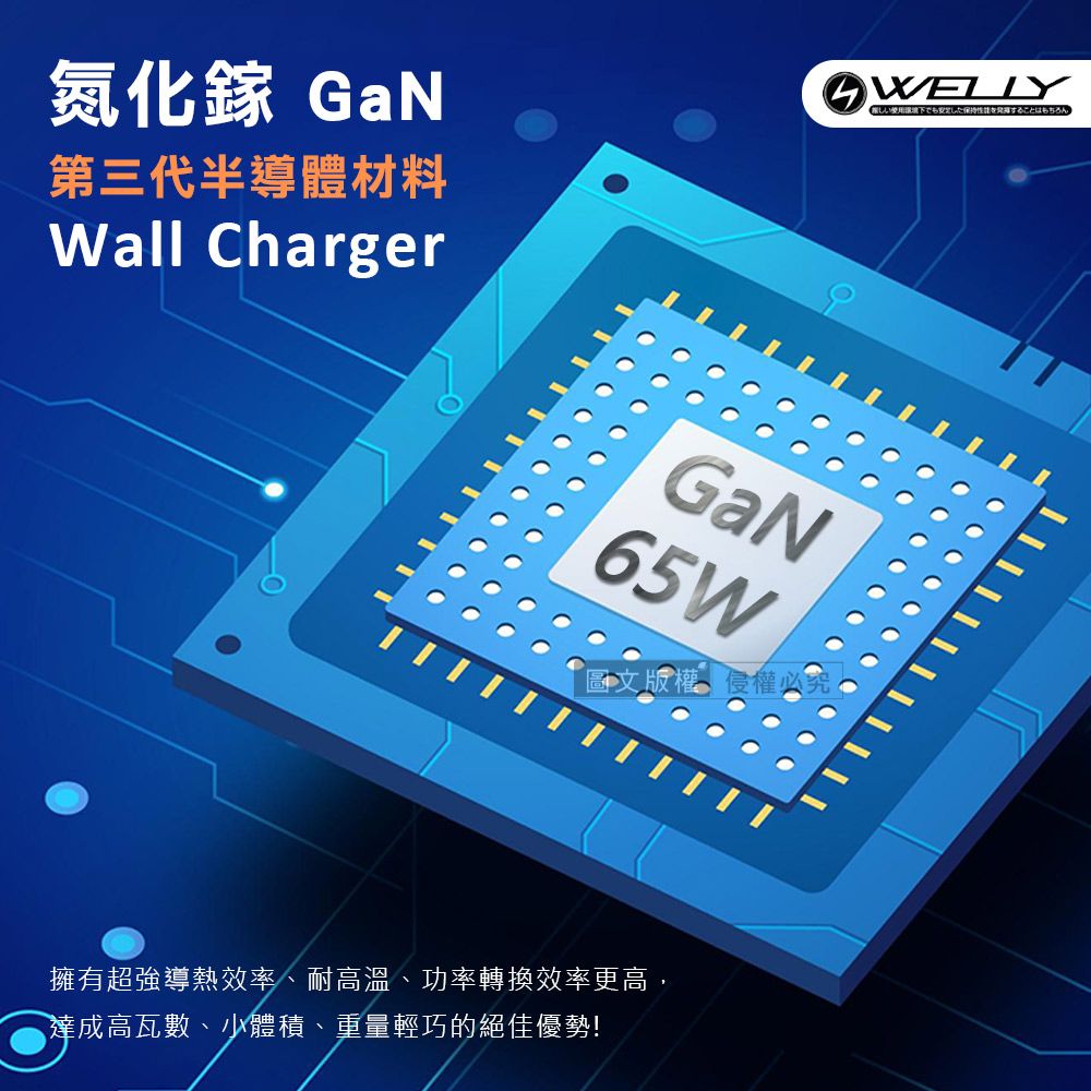 WELLYしい環境下でも安定した保持することはもちろん GaN第三代半導體材料Wall ChargerGaN65W版權侵權必究擁有超強導熱效率、耐高溫、功率轉換效率更高,達成高瓦數、體積、重量輕巧的絕佳優勢!