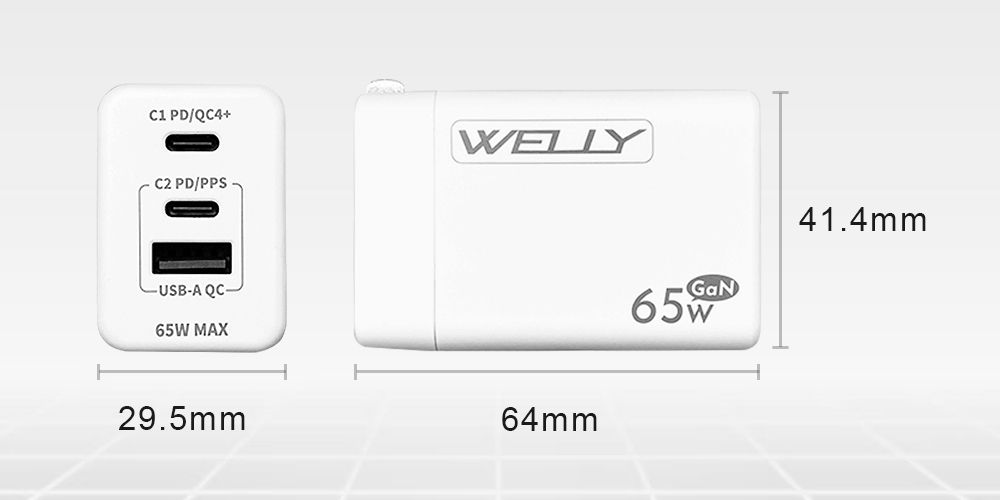 PD/QC4+C2 PD/PPS-A QC-65W MAX29.5mm64mm65GaN41.4mm