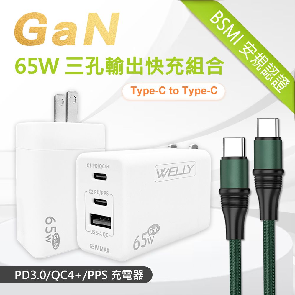 WELLY 威力  65W氮化鎵GaN  極速充電器 三孔輸出(白色) +  100W 雙Type-C  