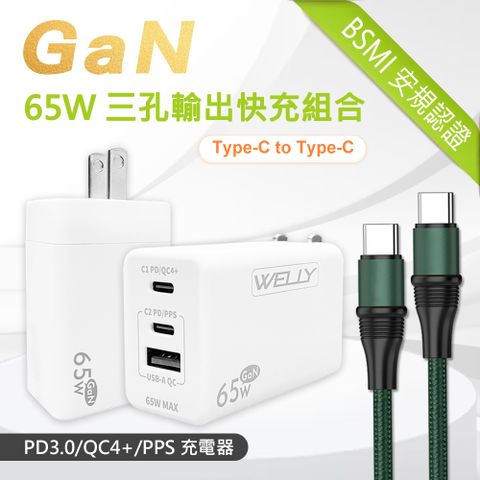 WELLY 威力 65W氮化鎵GaN  極速充電器 三孔輸出(白色) +  100W 雙Type-C