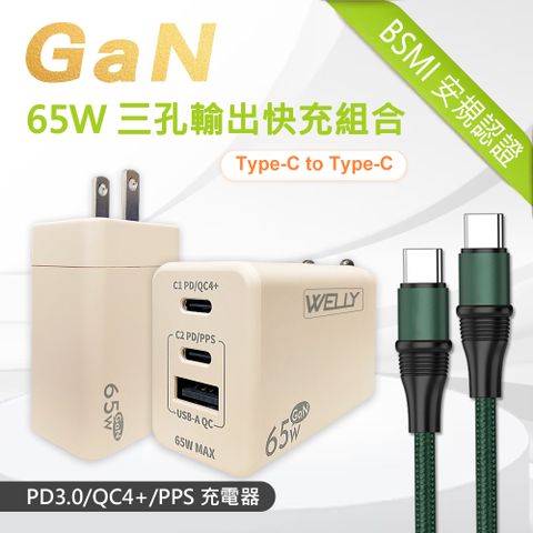 WELLY 威力 65W氮化鎵GaN  極速充電器 三孔輸出(奶茶) +  100W 雙Type-C