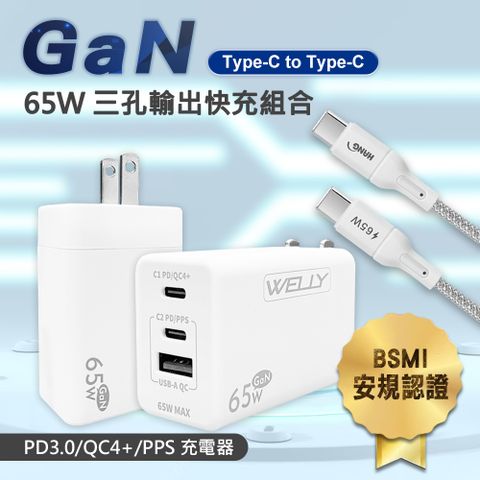 WELLY 威力 65W氮化鎵GaN  極速充電器三孔輸出(白色)+接口加固 Type-C to Type-C傳輸充電線組(200cm)