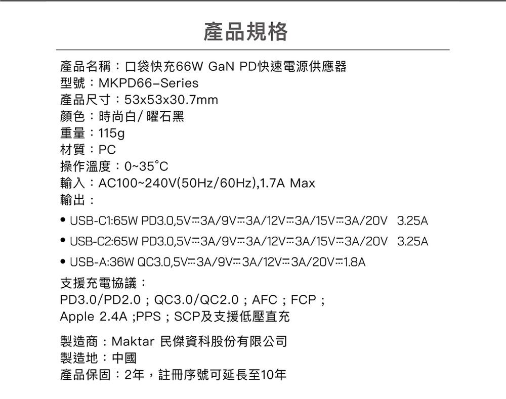 產品規格產品名稱:口袋快充66W GaN PD快速電源供應器型號:MKPD66Series產品尺寸:53x53x30.7mm顏色:時尚白/曜石黑重量:115g材質:PC操作溫度:0~35°C輸入:AC100~240V(50Hz/60Hz),1.7A Max輸出: USBC1:65WPD3.0,5V3A/9V3A/12V3A/15V3A/20V 3.25A USBC2:65WPD3.0,5V3A/9V3A/12V3A/15V3A/20V3.25A USB-A:36W QC3.0,5V-3A/9V-3A/12V-3A/20V-支援充電協議:PD3.0/PD2.0 ;QC3.0/QC2.0;AFC;FCP;Apple 2.4A;PPS;SCP及支援低壓直充製造商:Maktar 民傑資科股份有限公司製造地:中國產品保固:2年,註冊序號可延長至10年