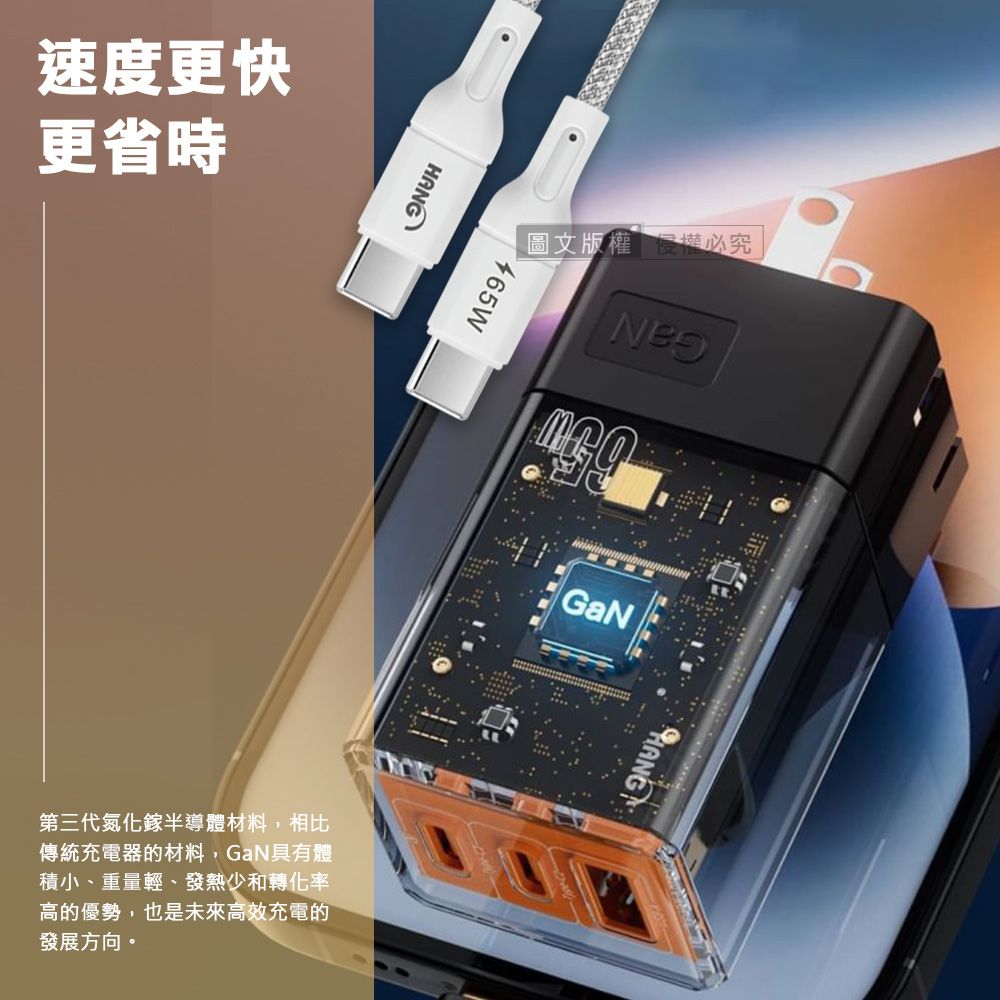 速度更快更省時HANG圖文版權權必究465WGaN第三代氮化鎵半導體材料,相比傳統充電器的材料,GaN具有體積小、重量輕、發熱少和轉化率高的優勢,也是未來高效充電的發展方向。HANG