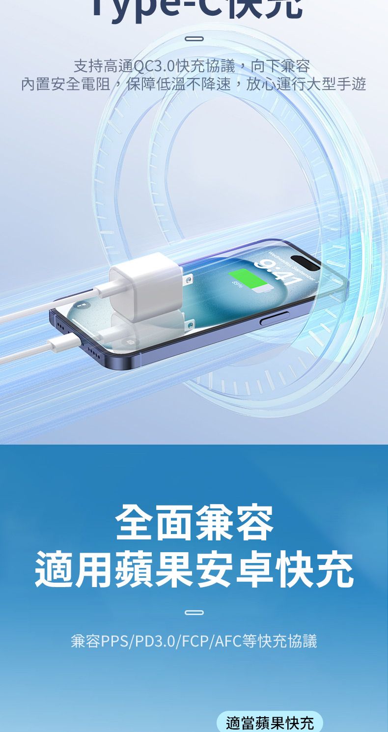 元支持高通QC3.0快充協議,向下兼容內置安全電阻,保障低溫不降速,放心運行大型手遊 9:41全面兼容適用蘋果安卓快充兼容PPS/PD3.0/FCP/AFC等快充協議適當蘋果快充
