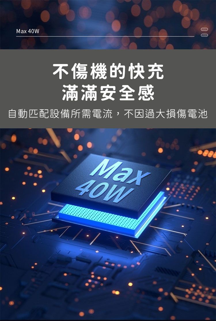 Max 40W不傷機的快充滿滿安全感自動匹配設備所需電流,不因過大損傷電池Max40W