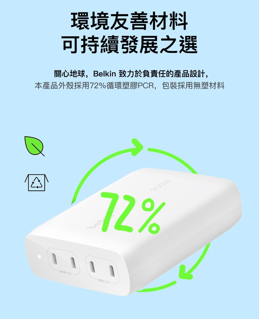 環境友善材料可持續發展之選關心地球,Belkin 致力於負責任的產品設計,本產品外殼採用72%循環塑膠PCR,包裝採用無塑材料A72%  MAX