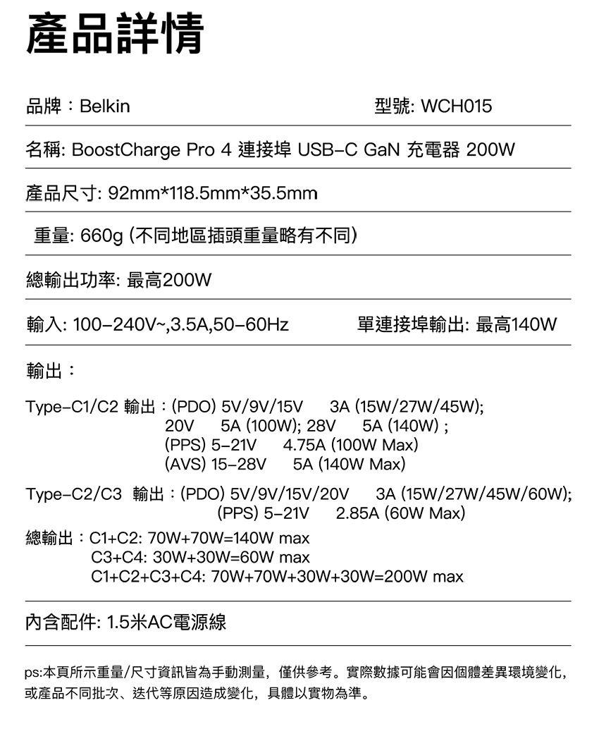 產品詳情品牌:Belkin型號:WCH015名稱: BoostCharge Pro 4 連接埠 USB-C GaN 充電器 200W產品尺寸: 92mm*118.5mm*35.5mm重量:660g(不同地區插頭重量略有不同)總輸出功率:最高200W輸入:100-240V~,3.5A,50-60Hz單連接埠輸出:最高140W輸出:20V 5A (100W) 28V(PPS) 5-21VType-C1/C2 輸出:(PDO)5V/9V/15V3A(15W/27W/45W);5A(140W);4.75A (100W Max)3A(15W/27W/45W/60W);(AVS) 15-28V 5A (140W Max)(PPS) 5-21V 2.85A (60W Max)Type-C2/C3 輸出:(PDO)5V/9V/15V/20V總輸出:C1+C2:70W+70W=140W maxC3+C4:30W+30W=60W maxC1+C2+C3+C4:70W+70W+30W+30W=200W max内含配件:1.5米AC電源線ps:本頁所示重量/尺寸資訊皆為手動測量,僅供參考。實際數據可能會因個體差異環境變化,或產品不同批次、迭代等原因造成變化,具體以實物為準。