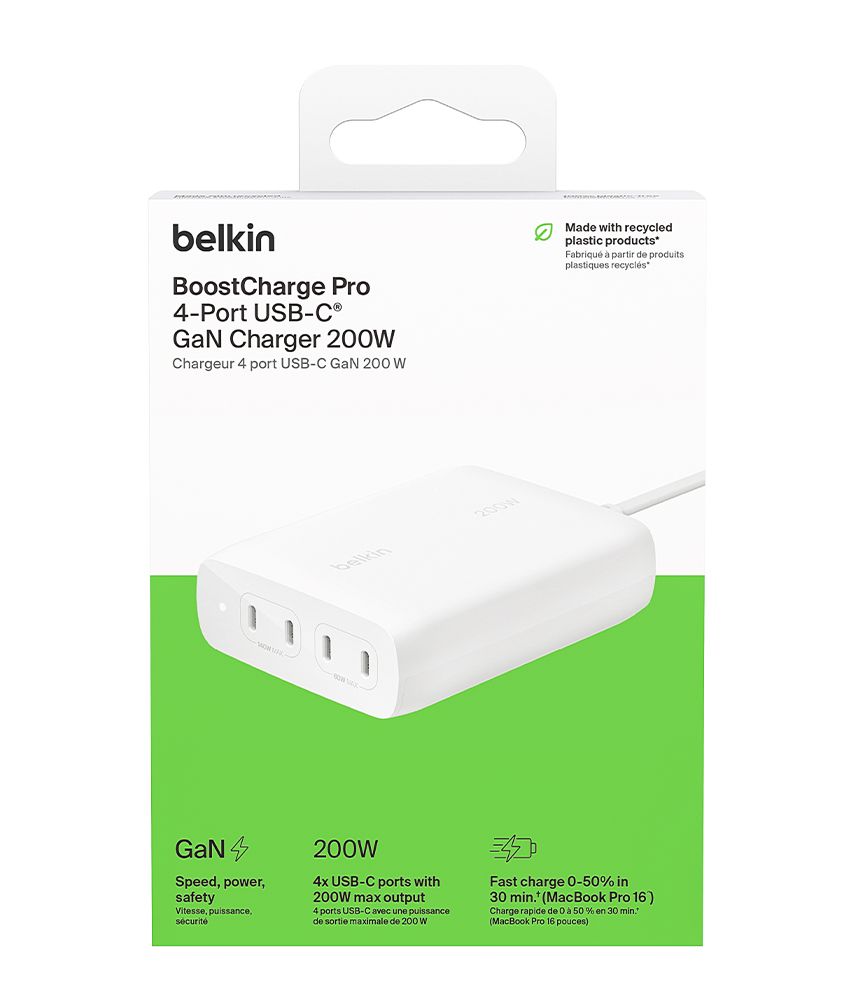 belkinBoostCharge Pro4-Port USB-C Charger 20Chargeur 4 port USB-C  200  belkinMade with recycledplastic productsFabriqué  partir de produitsplastiques recyclésSpeed power,safetyVitesse, puissance,200W4x USB-C ports with200W max output4 ports USB-C avec une puissancede sortie maximale de 200 WFast charge 0-50% in30 min (MacBook Pro 16Charge rapide de 0  50 % en 30 min.(MacBook Pro 16 pouces)