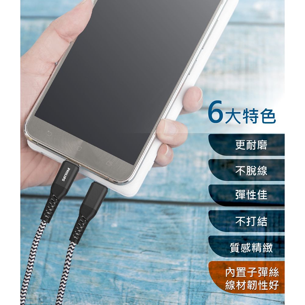 PHILIPS 飛利浦  USB-C to USB-C 100W 防彈絲超快速充電線200cm DLC4558C