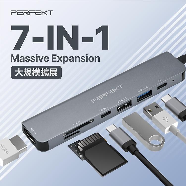 PERFEKT USB Type C 7合1 Hub 多功能集線器 USB3.2 PD快充 SD/TF HDMI 4K60Hz (PT-C467)