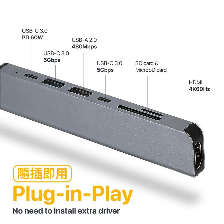 PERFEKT USB Type C 7合1 Hub 多功能集線器 USB3.2 PD快充 SD/TF HDMI 4K60Hz (PT-C467)