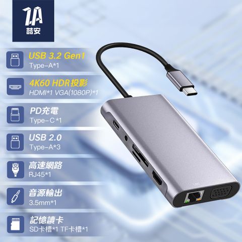 ZA喆安 11合1 Hub 集線器 10合1 升級版 PD快充 type c 轉接 RJ45 HDTV VGA/3.5mm音源輸出