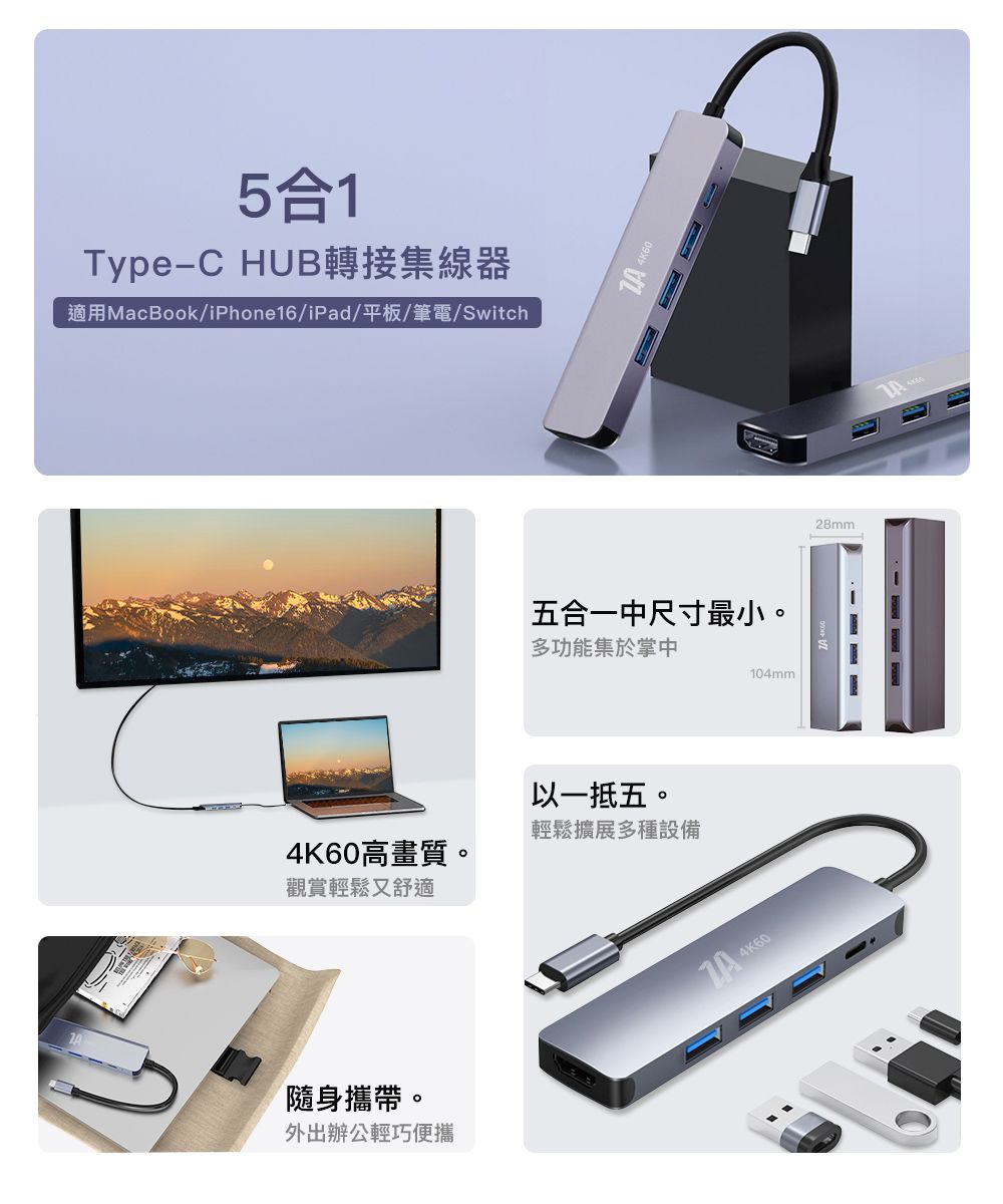 5合1Type-C HUB轉接集線器適用MacBook/iPhone6/iPad/平板/筆電/Switch 4K60五合一中尺寸最小。多功能集於掌中以一抵五。輕鬆擴展多種設備4K60高畫質。觀賞輕鬆又舒適隨身攜帶。外出辦公輕巧便攜4K60104mm28mm