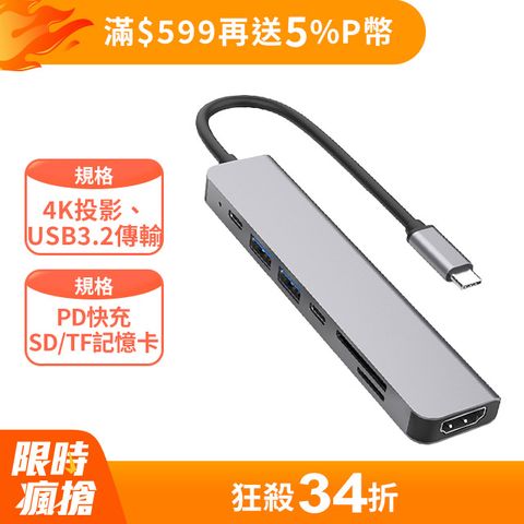 ZA喆安 Type-C 7合1 轉接器 集線器 USB HUB 4K影音 PD快充 macbook 擴充