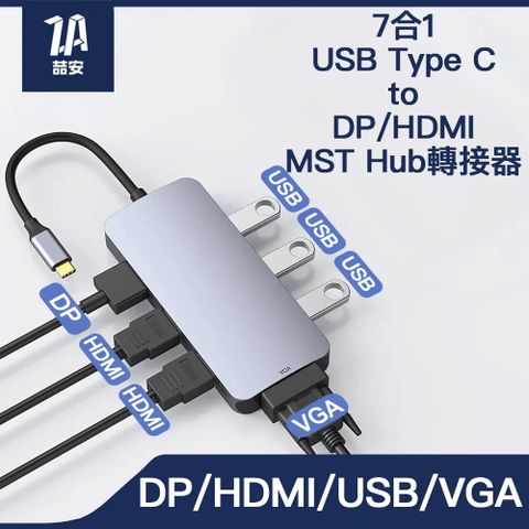 ZA 喆安 7合1 USB Type-C HUB轉接器 支援USB Type-C to HDMI/DP/VGA投影/USB 適用iPhone16 15/MacBook/iPad