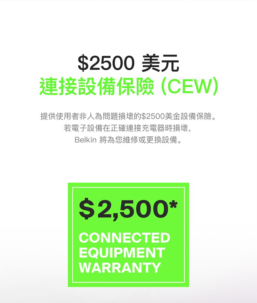 $2500 美元連接設備保險(CEW提供使用者非人為問題損壞的$2500美金設備保險。若電子設備在正確連接充電器時損壞,Belkin 將為您維修或更換設備。$2,500*CONNECTEDEQUIPMENTWARRANTY