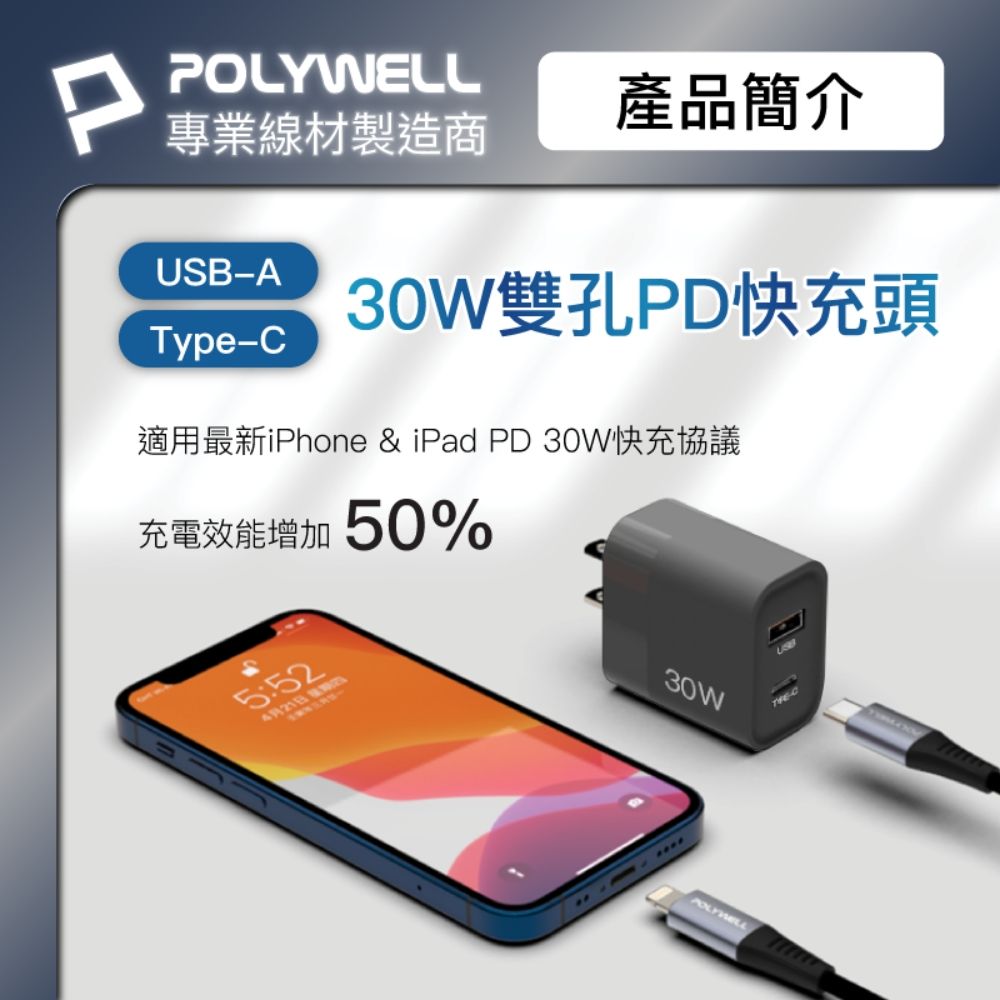 PPOLYWELL專業線材製造商產品簡介USBAType-30W雙孔PD快充頭適用最新iPhone & iPad PD 30W快充協議充電效能增加50%5:524月21日 30W-CPOLYWELL