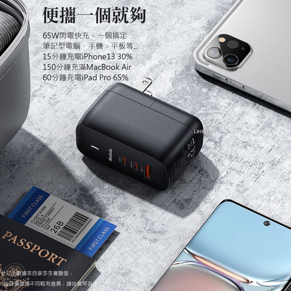 Mcdodo 麥多多 65W 三孔 PD/TypeC/iPhone/GaN氮化鎵充電頭快充頭閃充頭充電器 PD3.0(PPS)QC3.0 黑帝斯 