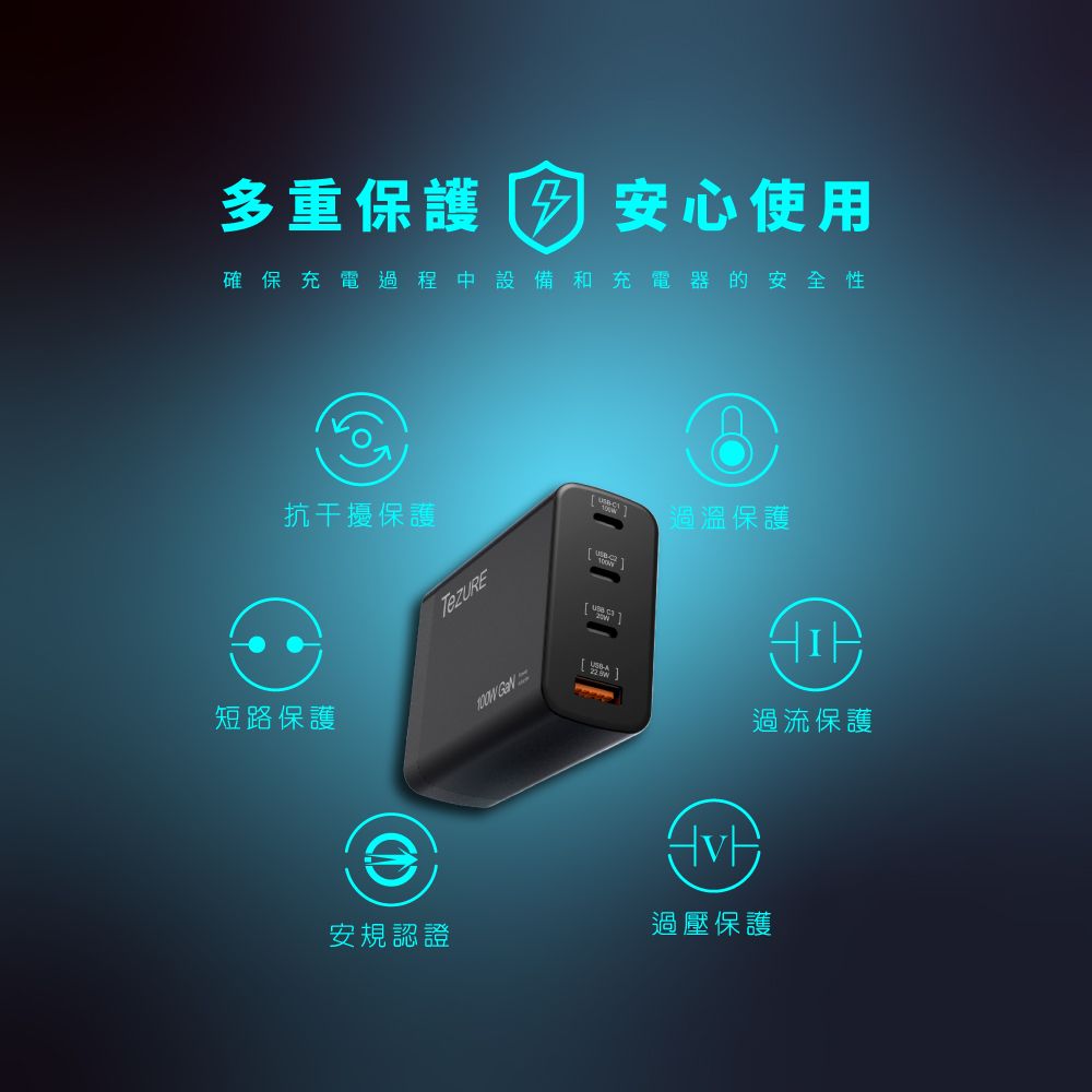 TeZURE 100w GaN 氮化鎵充電器 3C1A 四孔快充 |筆電/手機/MacBook Pro|BSMI認證 (黑色)