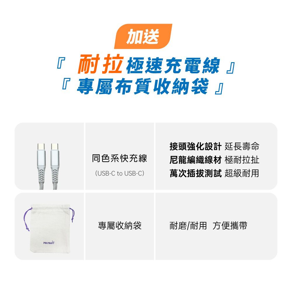 POLYBATT加送 耐拉極速充電線』『專屬布質收納袋』同色系快充線(USB-C to USB-C)接頭強化設計 延長壽命尼龍編織線材 極耐拉扯萬次插拔測試 超級耐用專屬收納袋耐磨/耐用 方便攜帶