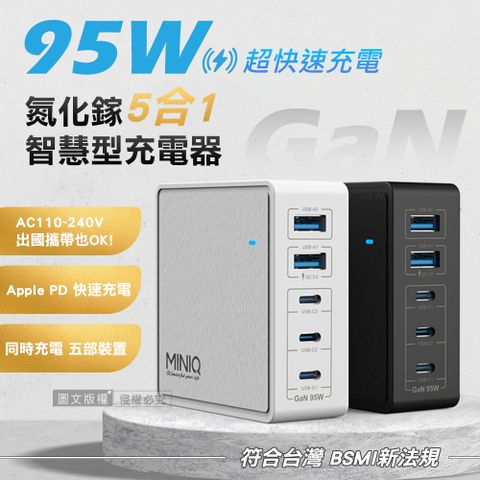 MINIQ 95W氮化鎵GaN5 port 五合一智慧型PD/QC/TYPE-C超快速USB延長線充電器
