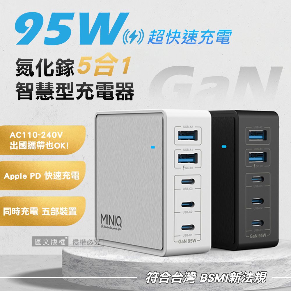 miniQ   95W氮化鎵GaN 5 port 五合一智慧型PD/QC/TYPE-C 