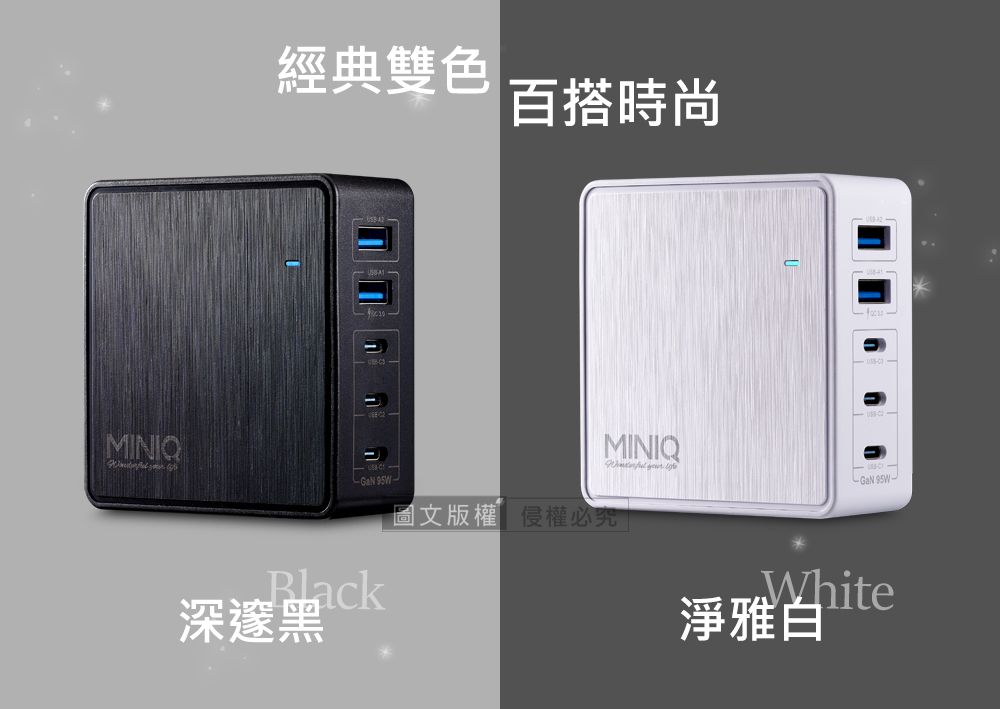 MINIQ經典雙色百搭時尚MINIQ  GaN 95W-GaN 95W-圖文版權侵權必究淨雅白WhiteBlack深邃黑