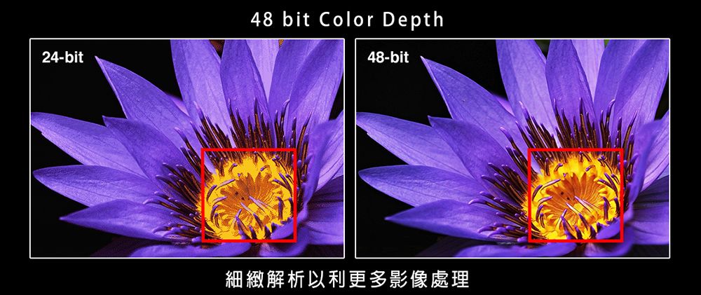 24-bit48 bit Color Depth48-bit細緻解析以利更多影像處理