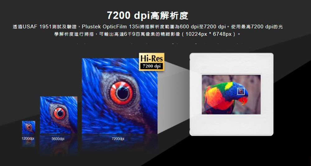 7200   1951Plustek OpticFilm 135i600 dpi 7200 dpi 7200 dpi學解析度進行掃描,可輸出高達6千9百萬像素的精緻影像(10224px*6748px。1200dpi3600dpi7200dpiHi-Res7200 dpi