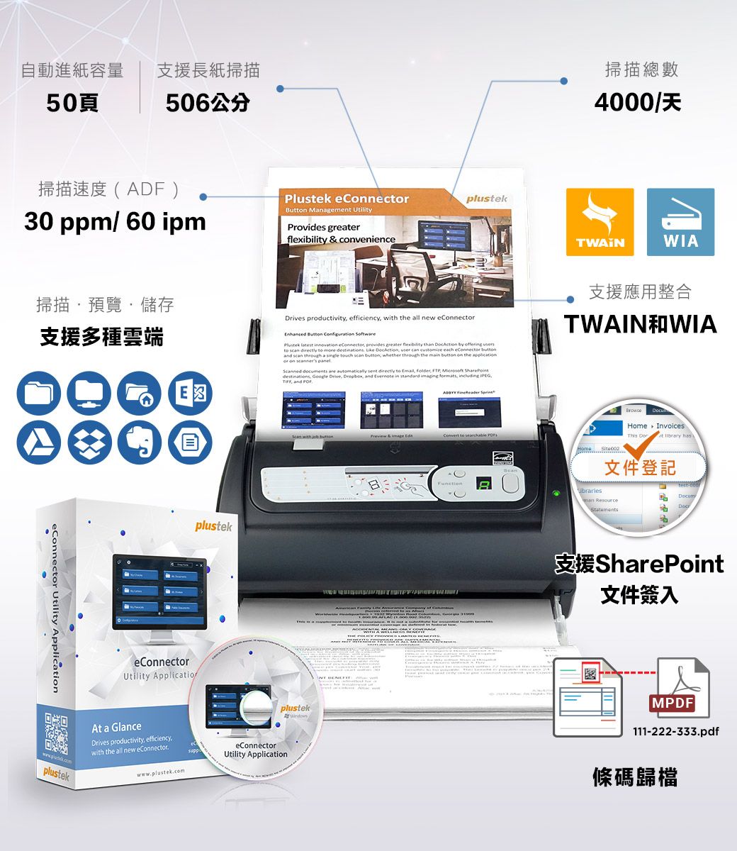 自動進紙容量50頁支援長紙掃描506公分掃描速度ADF)30 ppm/ 60 ipm  Mngemen UtilityProvides greater & cvenience掃描預覽儲存支援多種雲端s productivity efficiency  the all new  Butn  Plustek   eConnect  greater flexibility than     scan directly to more  Like DocAction user can customize each eConnector  scan through a single  scan  whether through the main  on the or on    are automatically sent directly to     destinations Google Drive   Evernote in standard imaging ,  ,, and eConnector Utility ApplicationEplustekeConnectorUtility ApplicationplustekAt a GlanceDrives productivity, efficiency,with the all new eConnectorsuppwww.plustek.com with  plustekeConnectorUtility Application  掃描總數4000/天WIA支援應用整合TWAINWIAHome  Invoices  t  has to  文件登記  to a  (   支援SharePoint文件簽入MPDF111-222-333.pdf條碼歸檔