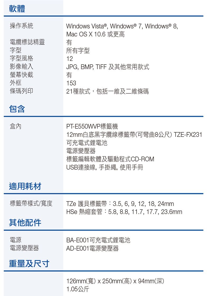 軟體操作系統電纜標誌精靈字型字型風格影像輸入Windows Vista®, Windows® 7, Windows® 8,Mac OS X 10.6 或更高所字型12JPG, BMP, TIFF 及其他常用款式螢幕快截有外框153條碼列印21種款式,包括一維及二維條碼包含盒內適用耗材PT-E550WVP標籤機12mm白底黑字纜線標籤帶(可彎曲8公尺)TZE-FX231可充電式鋰電池電源變壓器標籤編輯軟體及驅動程式CD-ROMUSB連接線,手掛繩, 使用手冊標籤帶樣式/寬度TZe 護貝標籤帶:3.5, 6, 9, 12, 18, 24mmHSe 熱縮套管:5.8,8.8, 11.7, 17.7, 23.6mm其他配件電源電源變壓器重量及尺寸BA-E001可充電式鋰電池AD-E001電源變壓器126mm(寬)x250mm(高)x94mm(深)1.05公斤