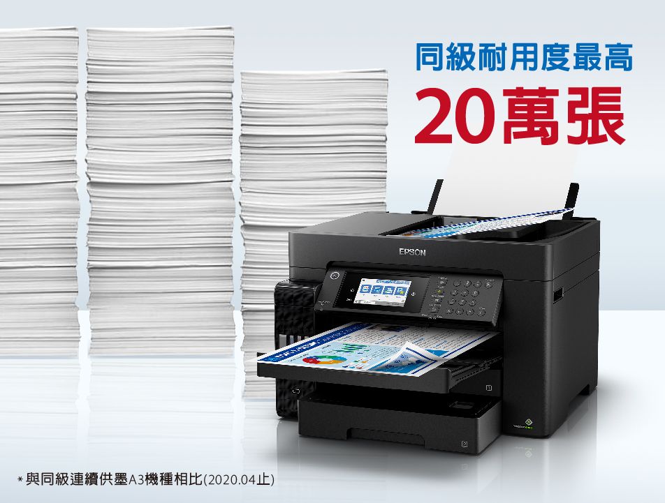 *與同級連續供墨A3機種相比(2020.04止)EPSON同級耐用度最高20萬張
