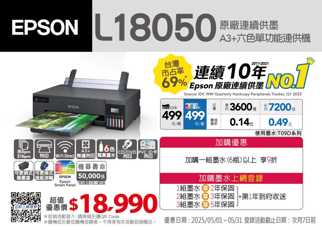 原廠連續墨EPSON L1800 供台灣市占率69%A3+六單功能連供機2011-2021連續10年Epson 原廠連續供墨Source IDC WW Quarterly Hardcopy Peripherals Tracker, Q1 2022EPSON 499 499元/瓶元/瓶單成 彩列印 -Fi Direct 無邊列印 寫真墨水A3+色CD/DVD PVCID卡列印列印機器壽命可更換式 可更換式EPSON廢墨盒 進紙滾輪 50,000張Smart Panel *加購墨水並超值上網登錄: 優惠價Epson$18990※促銷活動登入:請掃描左邊QR Code※購機低於最低購機金額者,不得享有本活動促銷贈品。36000.14加購優惠7200張0.49元使用墨水:T09D系列加購一組墨水(6瓶)以上享9折加購墨水上網登錄1組墨水 2年保固2組墨水 3年保固 +第1年到府收送3組墨水5年保固.優惠日期: 2025/05/01~05/31 登錄活動截止日期:次月7日前
